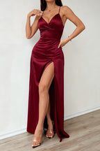 Satin Wrap V-Neck Spaghetti Strap High Split Maxi Dress