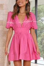 Deep V-Neck Puff Sleeve Smocked Waist Fit and Flare Mini Dress