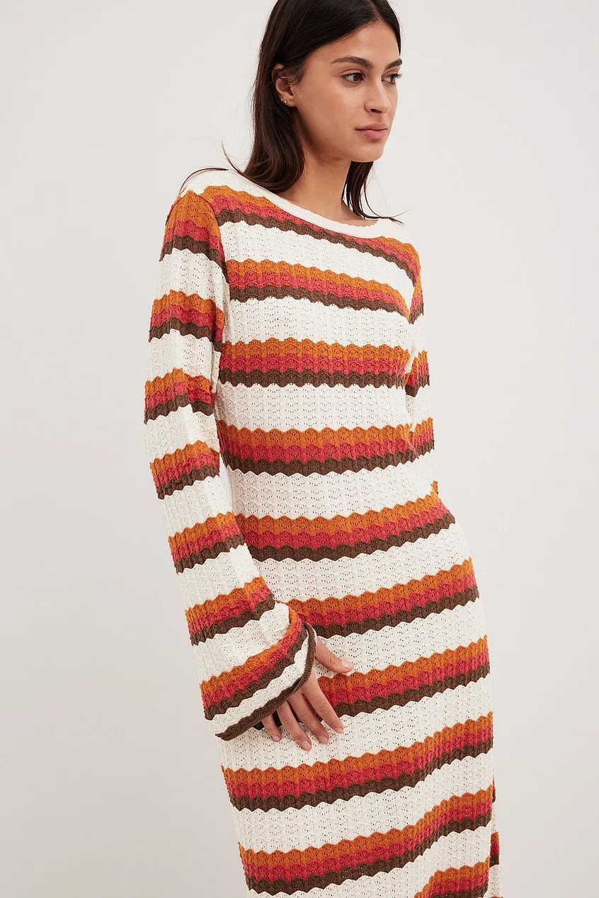 Open Back Scoop Neck Crochet Knit Wavy Stripe Long Sleeve Maxi Dress