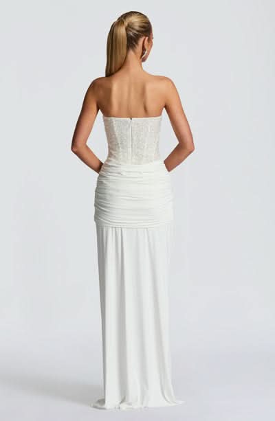 Strapless Beaded Corset Bodice Knot Waist Draped Maxi Gown