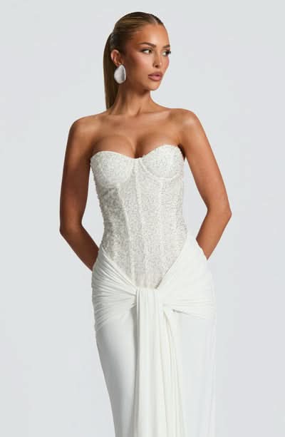 Strapless Beaded Corset Bodice Knot Waist Draped Maxi Gown