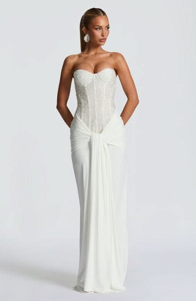 Strapless Beaded Corset Bodice Knot Waist Draped Maxi Gown