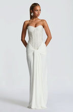 Strapless Beaded Corset Bodice Knot Waist Draped Maxi Gown