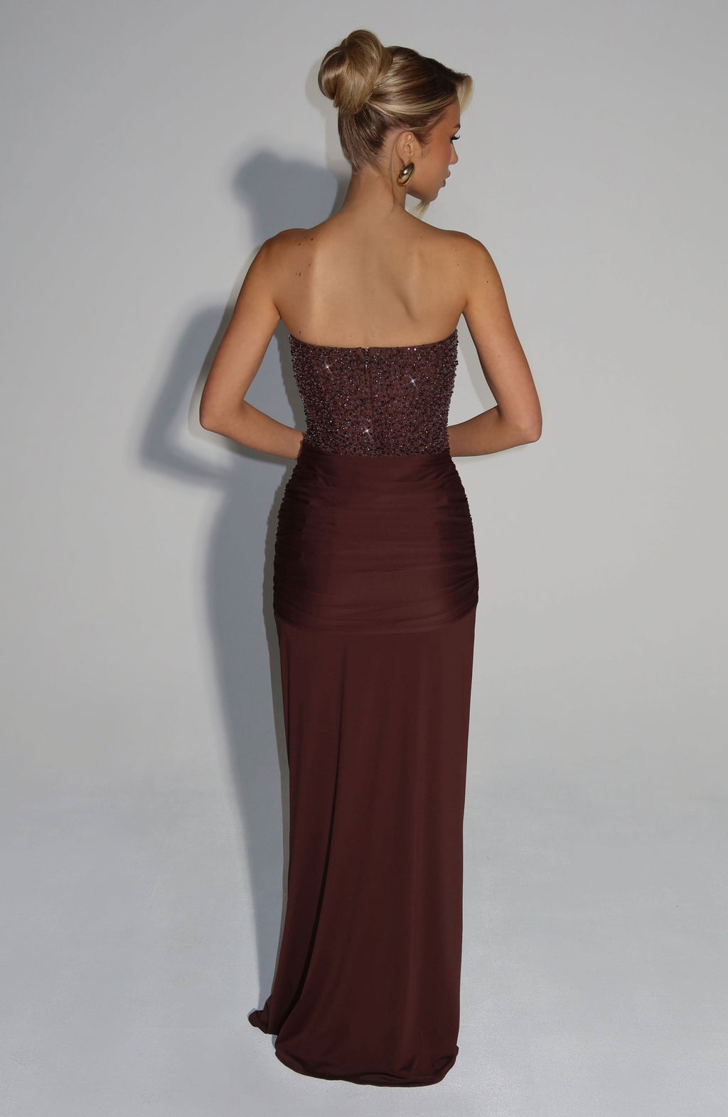 Strapless Beaded Corset Bodice Knot Waist Draped Maxi Gown