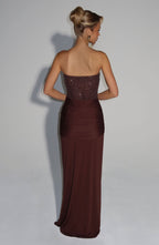 Strapless Beaded Corset Bodice Knot Waist Draped Maxi Gown