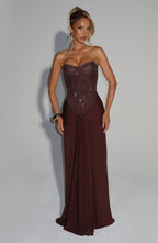 Strapless Beaded Corset Bodice Knot Waist Draped Maxi Gown