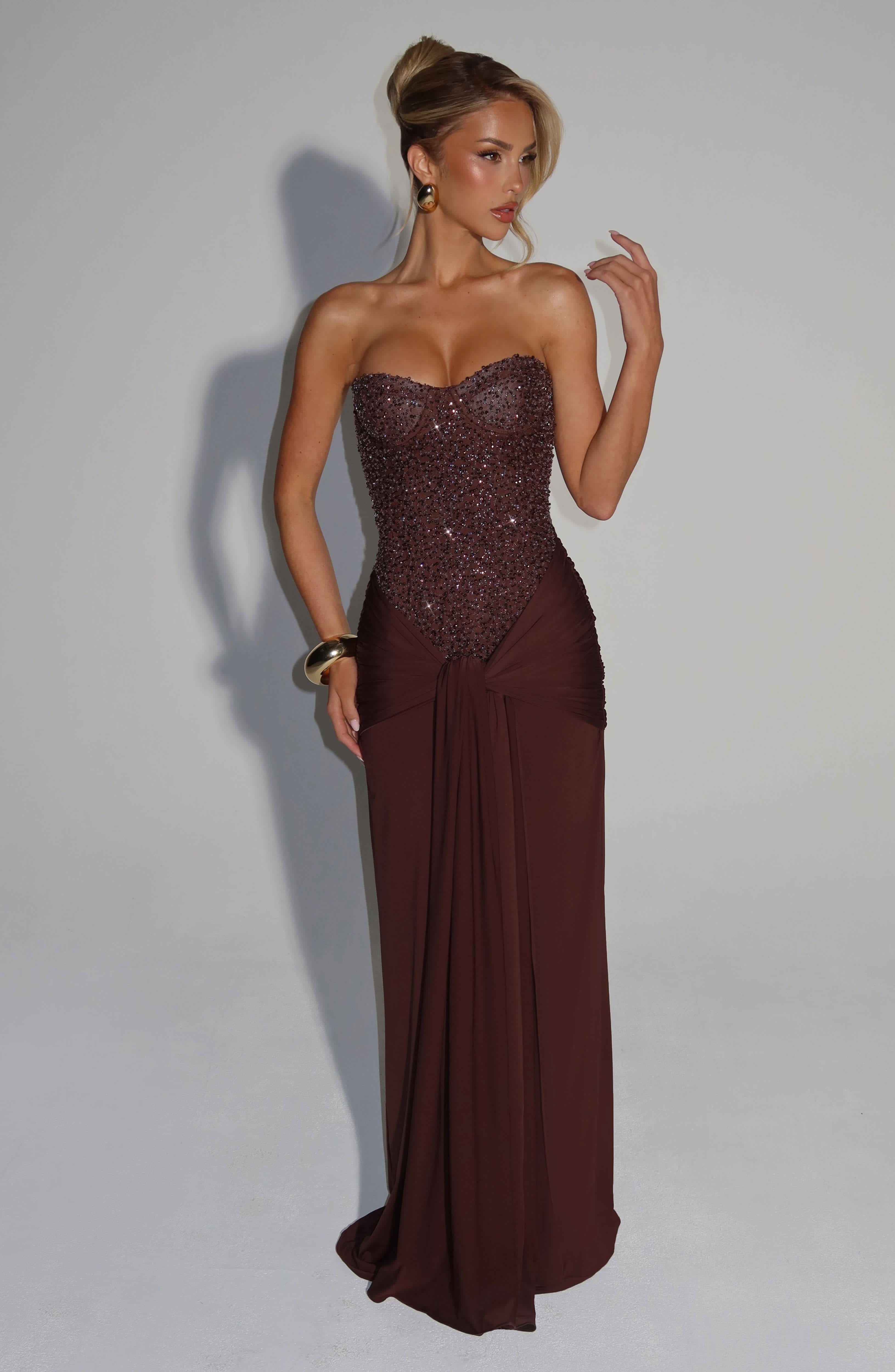 Strapless Beaded Corset Bodice Knot Waist Draped Maxi Gown