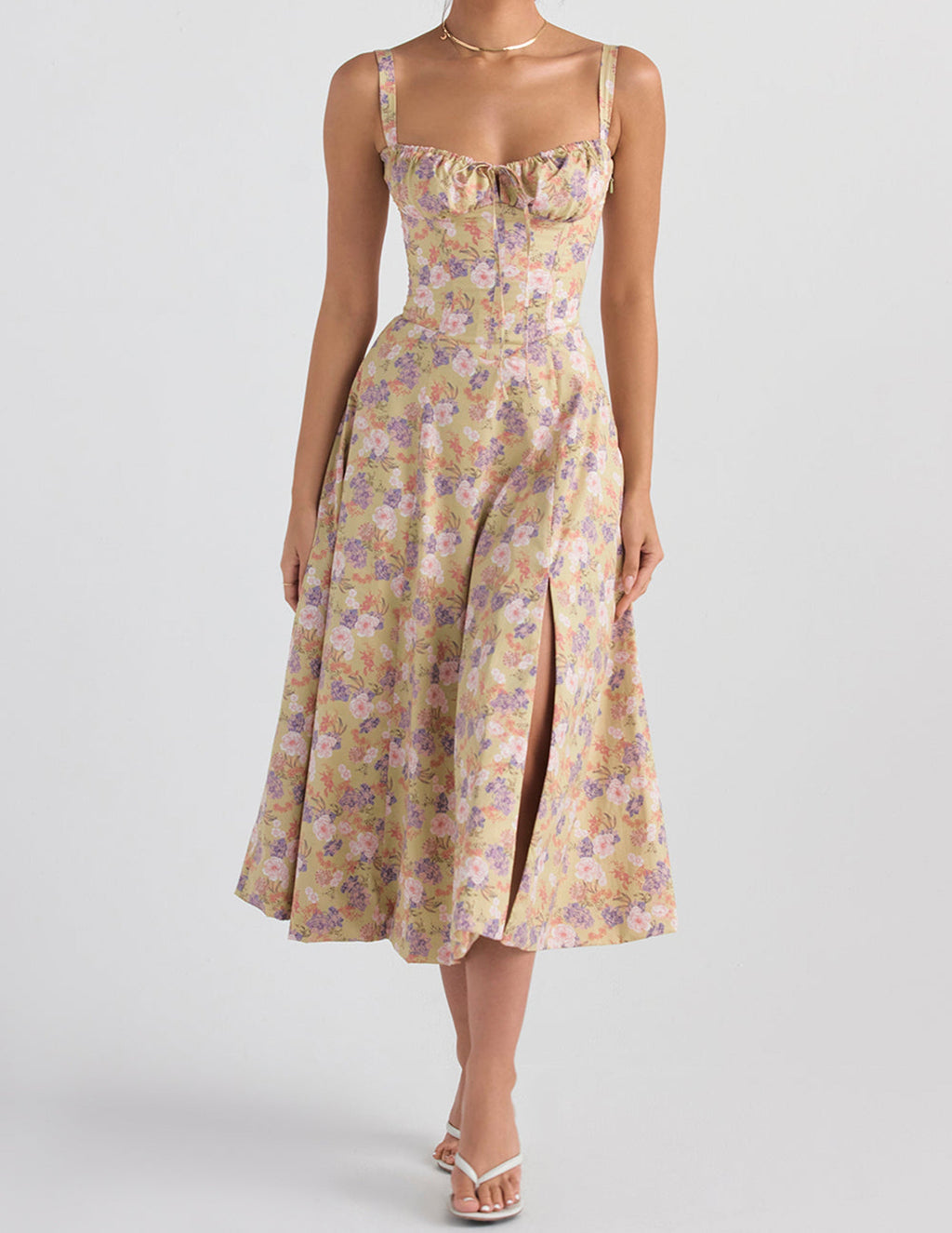 Ditsy Floral Print Sweetheart Corset Front Slit Midi Dress