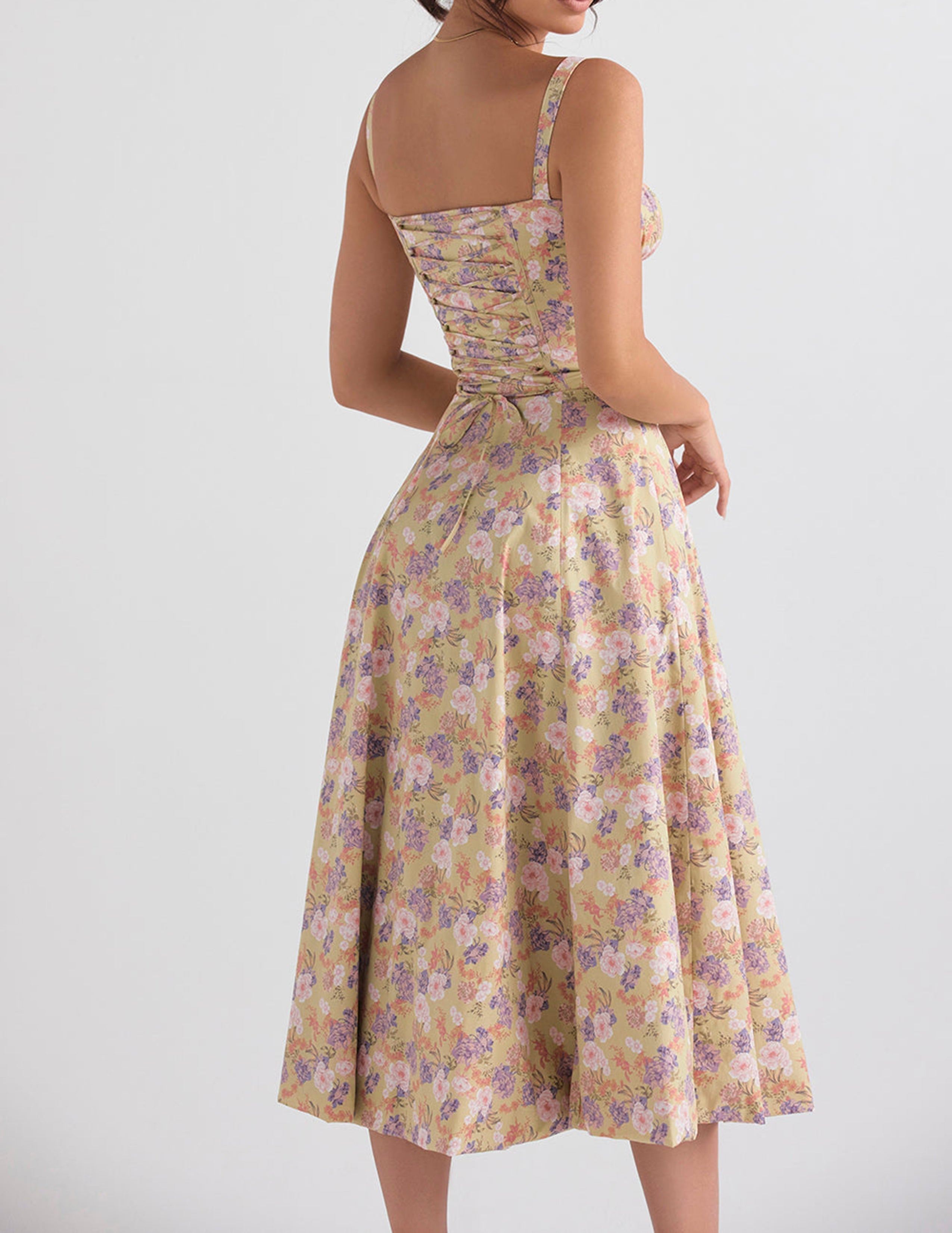 Ditsy Floral Print Sweetheart Corset Front Slit Midi Dress