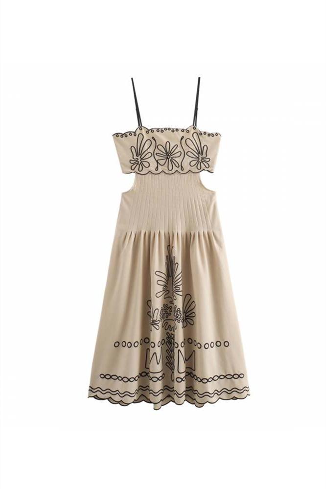 Yesenia Boutique Cotton Midi Dress with Abstract Embroidery Premium Wardrobe Essential