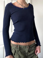 Casual Basic Lace Trim Slim Patchwork O-Neck Knit Top