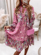 Casual Boho Floral V-neck Ruffled A-line Beach Party Floral Dress