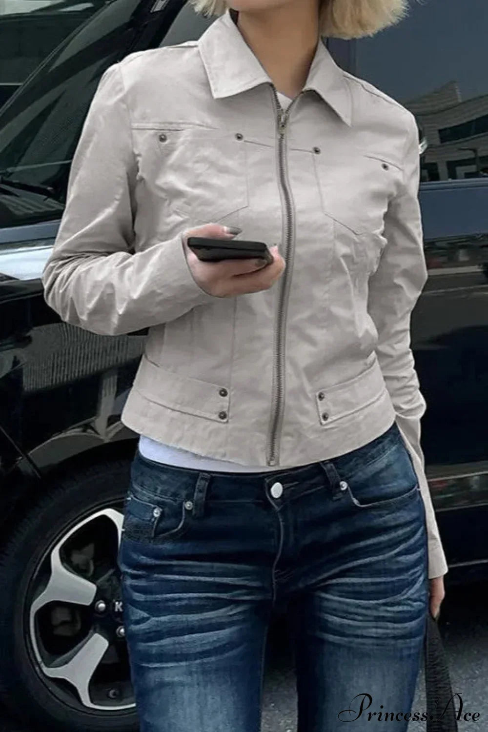 Casual Cargo Solid Lapel Zip Jacket
