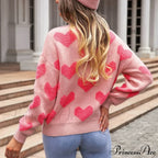 Casual Cozy Loose Pink Heart Pattern Comfortable Long Sleeve Fashionable Sweater