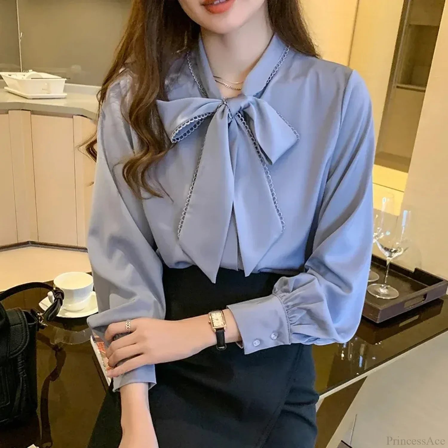 Casual Elegant Satin Chiffon Blue Blouse