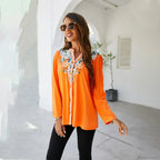 Casual Floral Embroidery Oversize Cotton Long Sleeve Boho Blouse