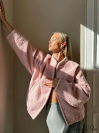 Casual Pink Loose Bomber Autumn Chic Single Breasted Stand Collar Long Sleeve Stylish Coat