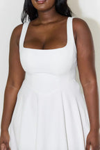 Square Neck Tank Strap Full Box Pleated Fit and Flare Midi Dress