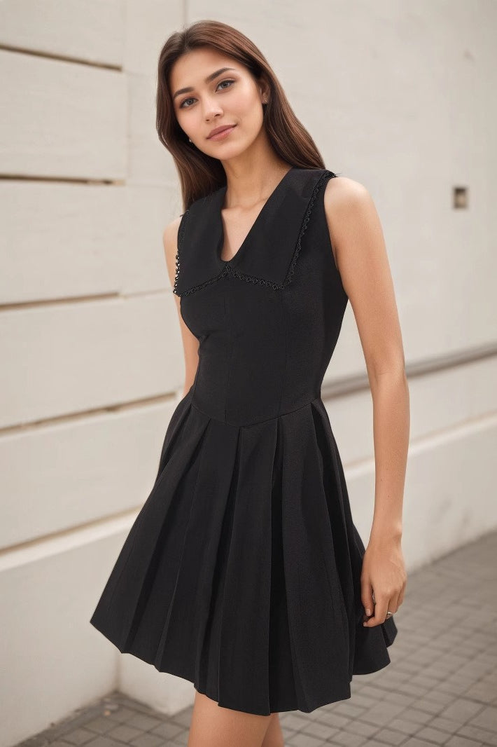 Lace Trim Peter Pan Collar Pleated Fit and Flare Mini Dress