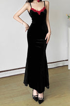 Velvet Sweetheart Spaghetti Strap Lace Trim Mermaid Maxi Gown