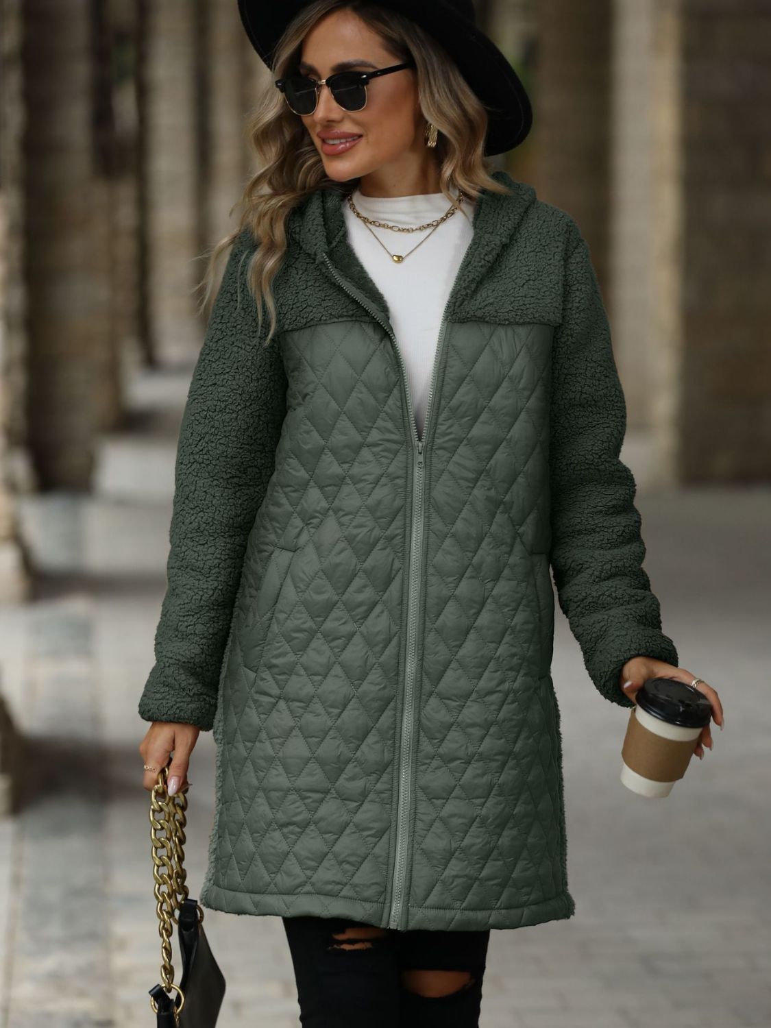 | Structured long-sleeved zip-up hooded coat