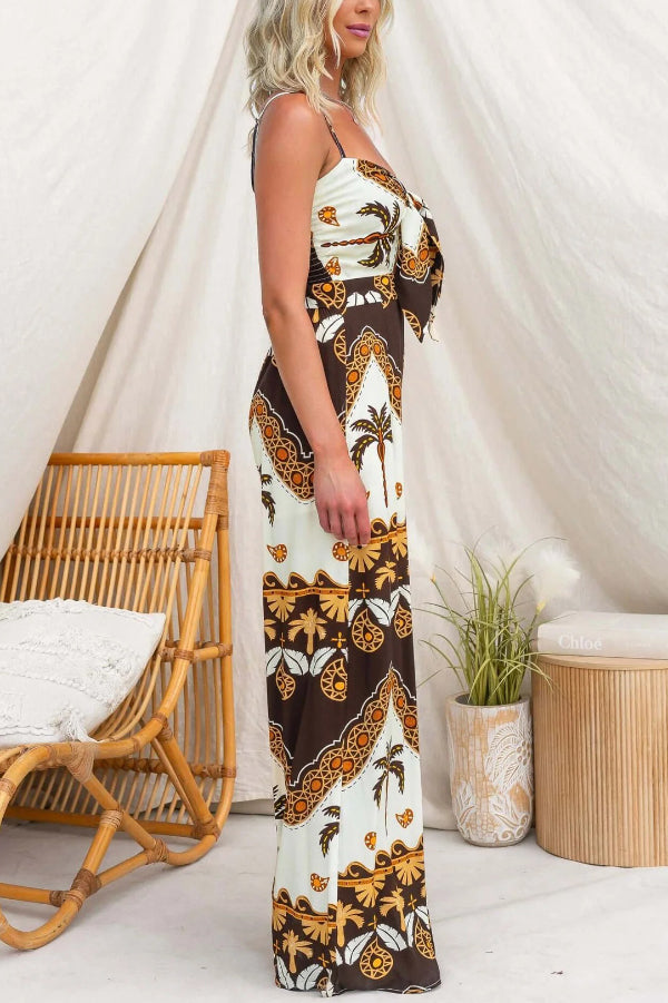 Unique Print Casual Spaghetti Strap High Waist Resort Loose Wide Leg Jumpsuit
