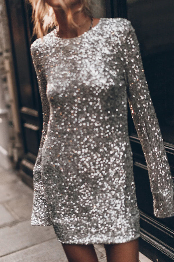 Sequin Open Back Oval Cutout Long Sleeve Mini Dress