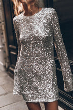 Sequin Open Back Oval Cutout Long Sleeve Mini Dress