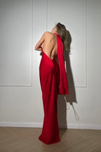Satin Halter Neck High Neck Backless Slip Column Maxi Dress