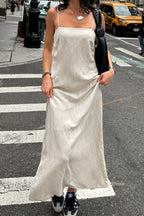 Khaki Linen Cotton Cami Loose Office Maxi Dress