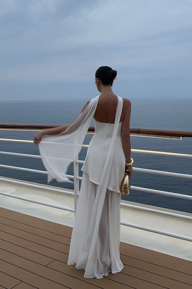 Strapless Structured Bodice Choker Neck Layered Sheer Chiffon Maxi Dress