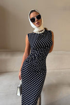 Boat Neck Side Ruched Polka Dot Bodycon Midi Dress