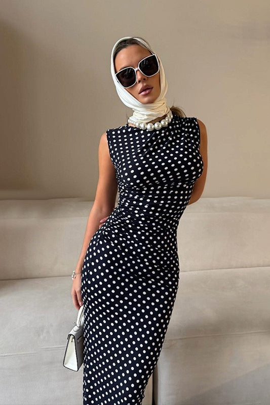 Boat Neck Side Ruched Polka Dot Bodycon Midi Dress