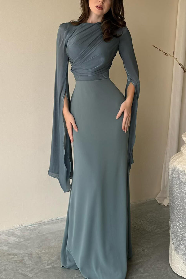 Satin Ruched High Neck Bell Sleeve Slit Mermaid Maxi Gown