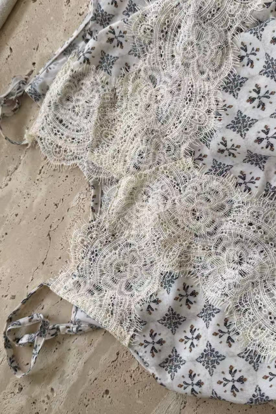 Beige Deep V Neck Eyelash Lace Geometric Print Layered Midi Dress