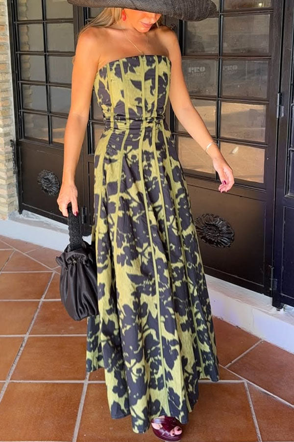 Elara Linen Blend Floral Print Princess Line Design Detachable Sleeves Maxi Dress