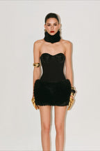 Strapless Sequin Corset Bodice Faux Fur Skirt Mini Dress