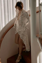 Floral Lace Deep V-Neck Lace Up Bell Sleeve High Split Maxi Dress