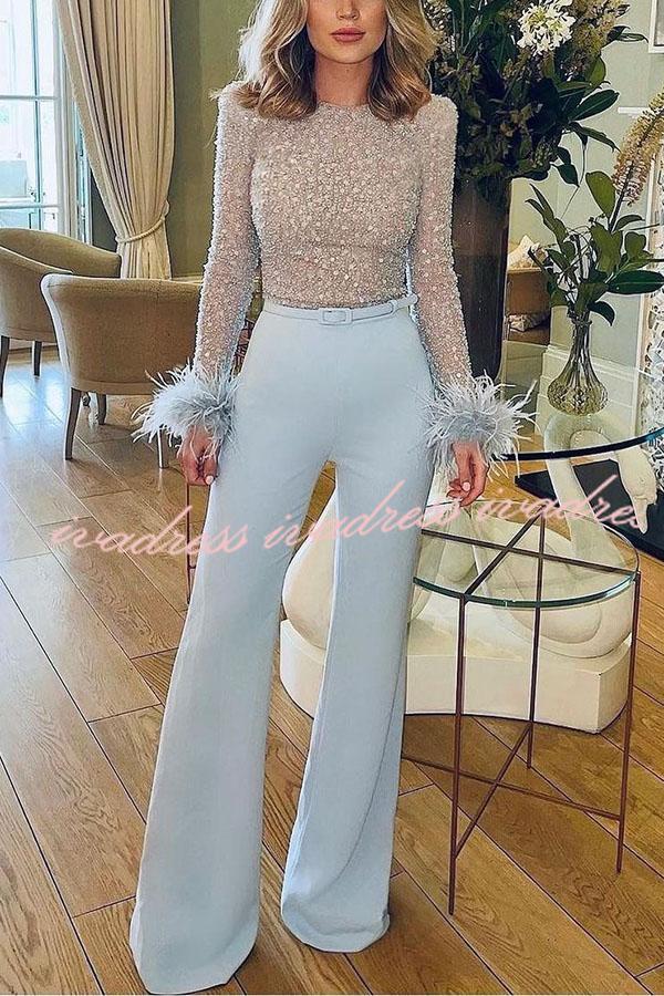 Ready for Vegas Feather Detail Trim Sequin Jumpsuit