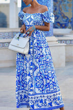 Off Shoulder Puff Sleeve Tile Print Tiered Maxi Dress