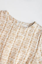 Tweed Grid Pattern Short Sleeve Crew Neck A-Line Mini Dress