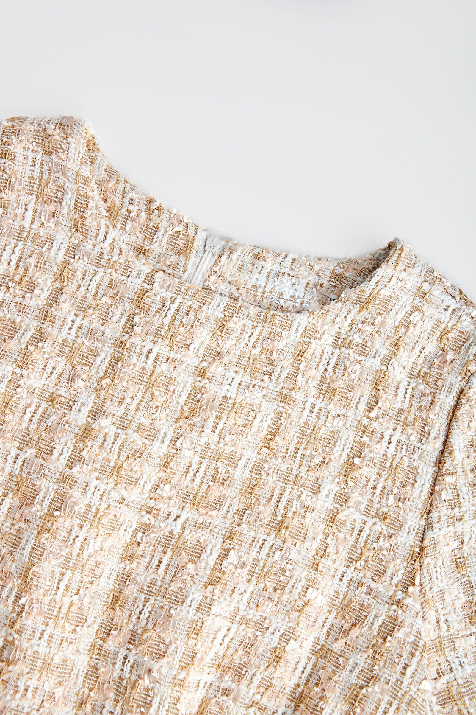 Tweed Grid Pattern Short Sleeve Crew Neck A-Line Mini Dress