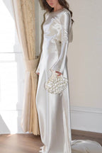 | Pearl maxi dress with open cowl neckline and satin back