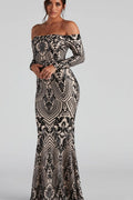 Sequin Off Shoulder Long Sleeve Mermaid Maxi Formal Gown