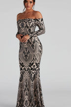 Sequin Off Shoulder Long Sleeve Mermaid Maxi Formal Gown