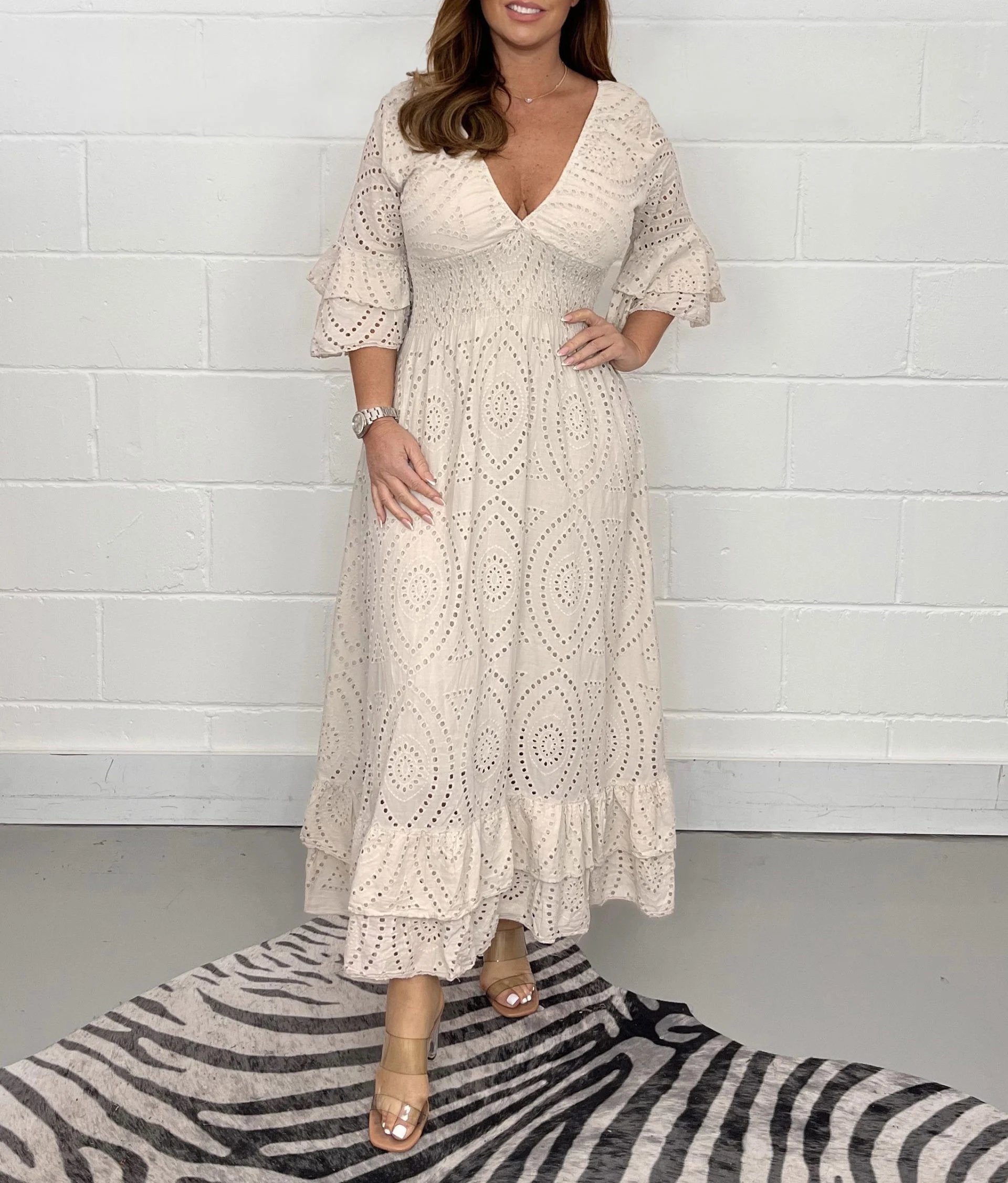 Eyelet Broderie Smocked V Neck Tiered Ruffle Bell Sleeve Maxi Dress