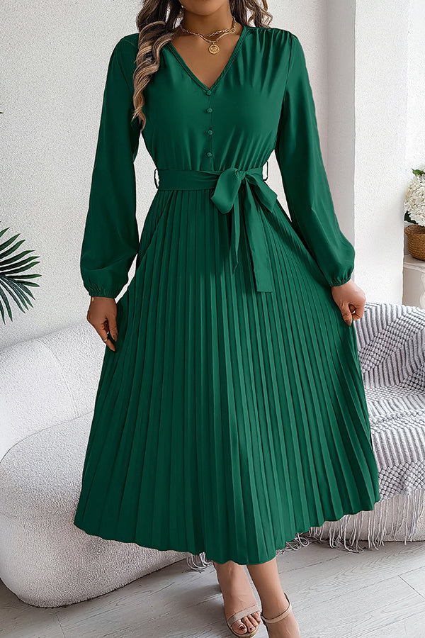 Deep V-Neck Bishop Sleeve Button Front Pleated Belted Midi Dress