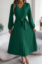 Deep V-Neck Bishop Sleeve Button Front Pleated Belted Midi Dress