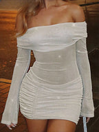 Off Shoulder Ruched Shimmer Long Sleeve Bodycon Mini Dress