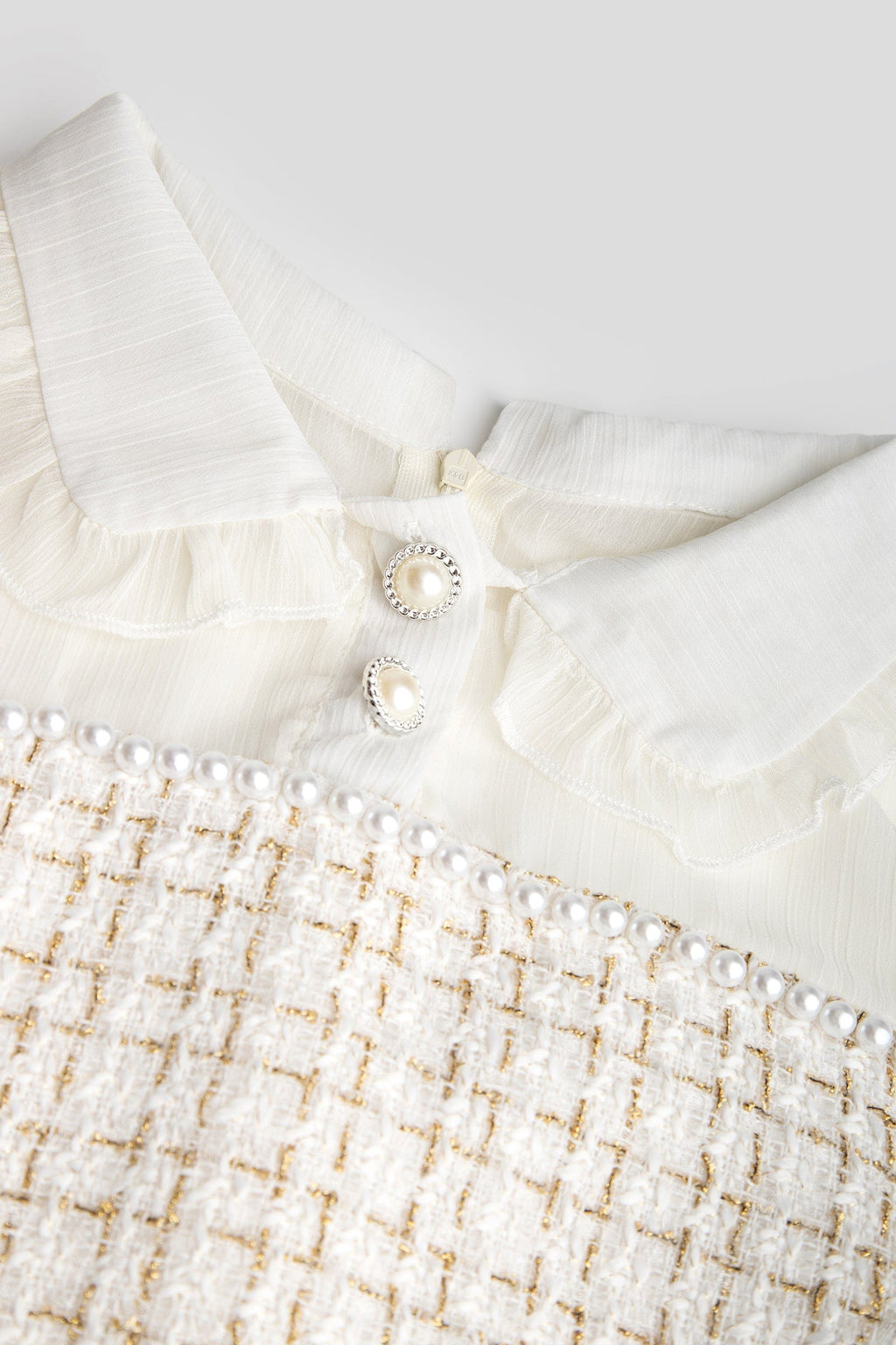 Mesh Yoke Peter Pan Collar Balloon Sleeve Tweed Pearl Trim Mini Dress